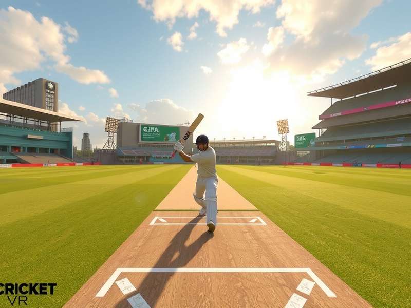 Cricket VR Superstar Gameplay Screenshot Cricket VR Superstar gameplay showing a batsman hitting a six in a virtual Eden Gardens